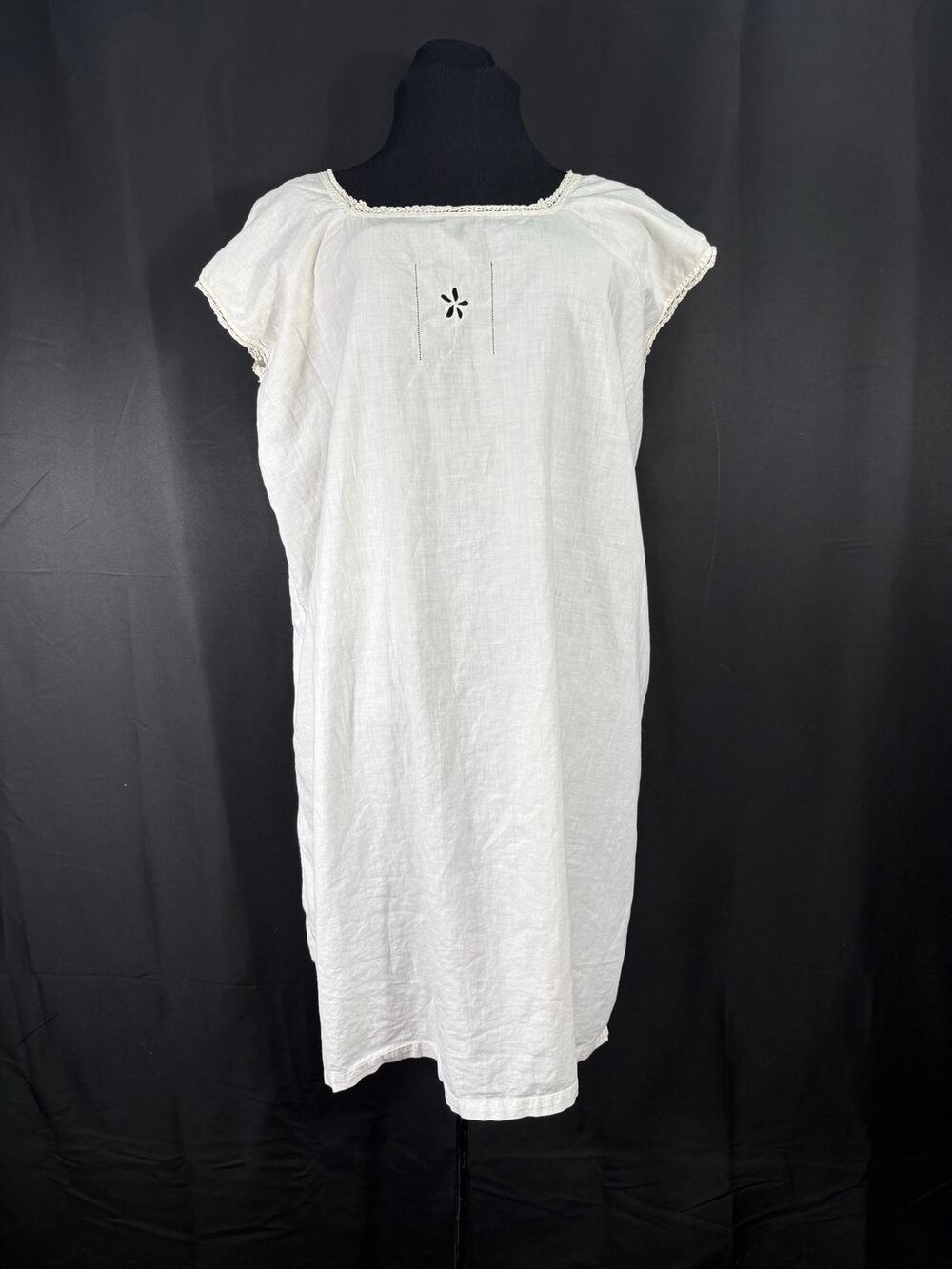 Handmade Vintage Cotton Nightgown Flower Inlay Lace Trim Cap Sleeves Victorian